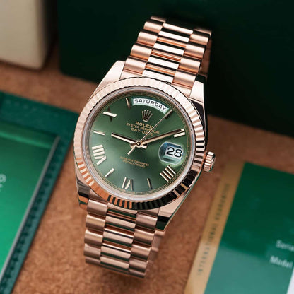 Rolex Day-Date 41 Fluted Bezel Rose Gold Green Dial