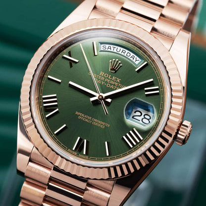 Rolex Day-Date 41 Fluted Bezel Rose Gold Green Dial